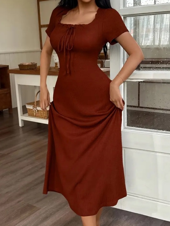 Dresses & Skirts - Women’s Ribbed Tie-Front Midi Dress in Deep Brown